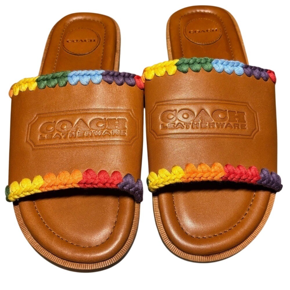 Coach Leatherware Tan Leather Rainbow Crochet Whipstitch Slide Sandals Men's 10